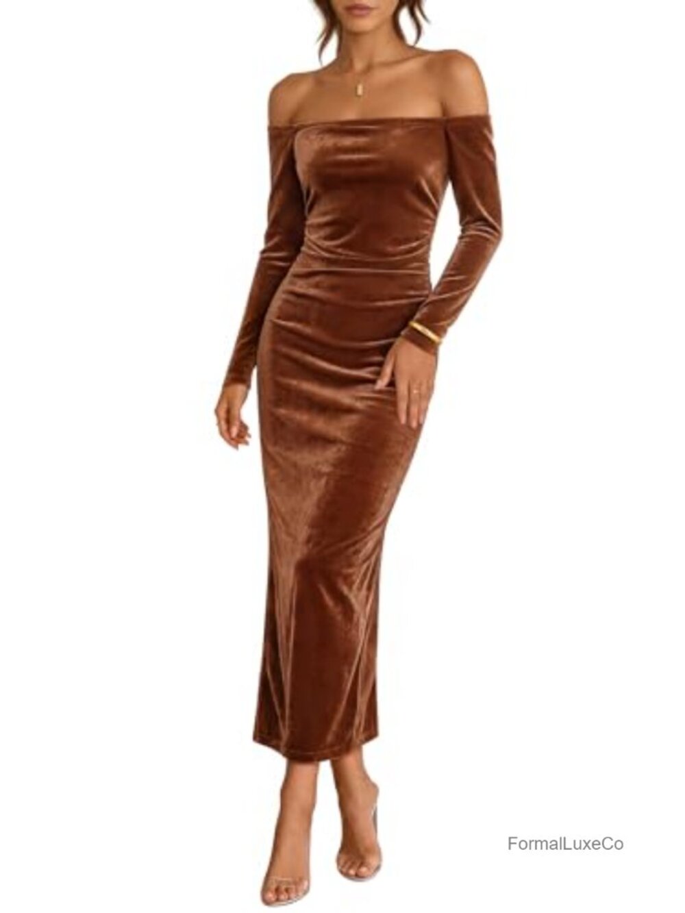 Velvet Off Shoulder Bodycon Maxi Dress Long Sleeve Formal